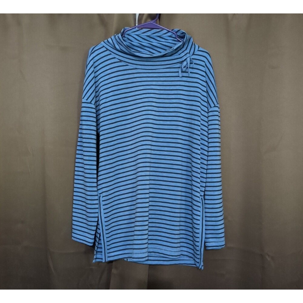 T by Talbots Womens Blue Black Striped Funnel Neck Pullover Top L Nautical
